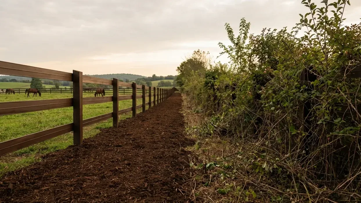 Cleared fence line with a mulched strip running along the wire and open pasture on the other side