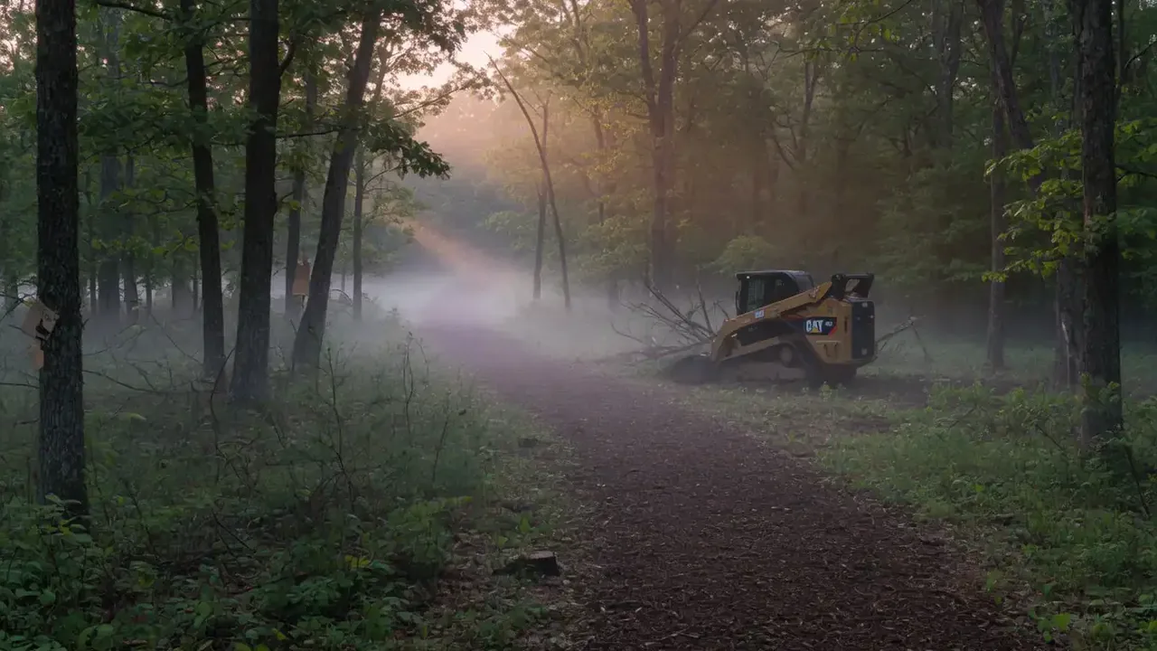 Mulched trail cut through misty hardwoods at first light with a track loader working at the edge