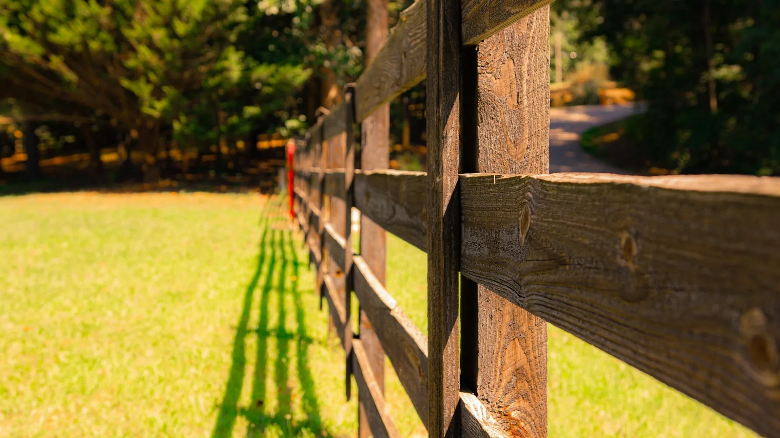 Wooden fence line running clean along mowed pasture grass after clearing