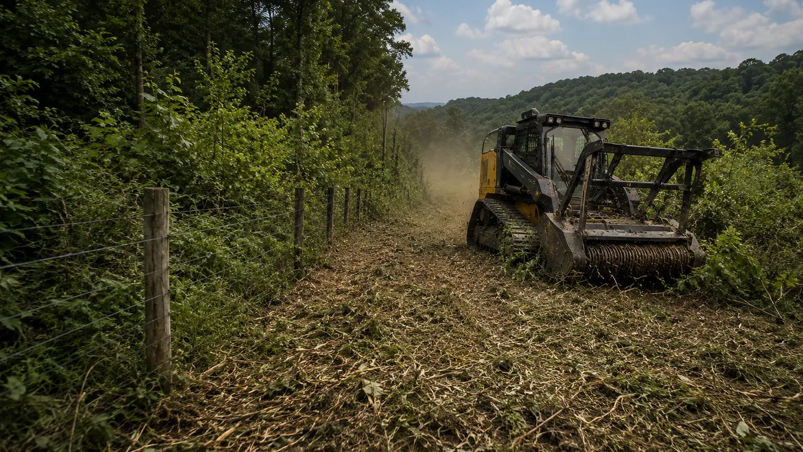 Compact track loader mulching a fence row clear, working right up against the wire